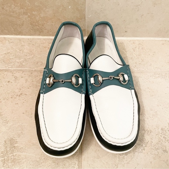 Gucci White Green Boat Shoes Loafers - Picture 1 of 10